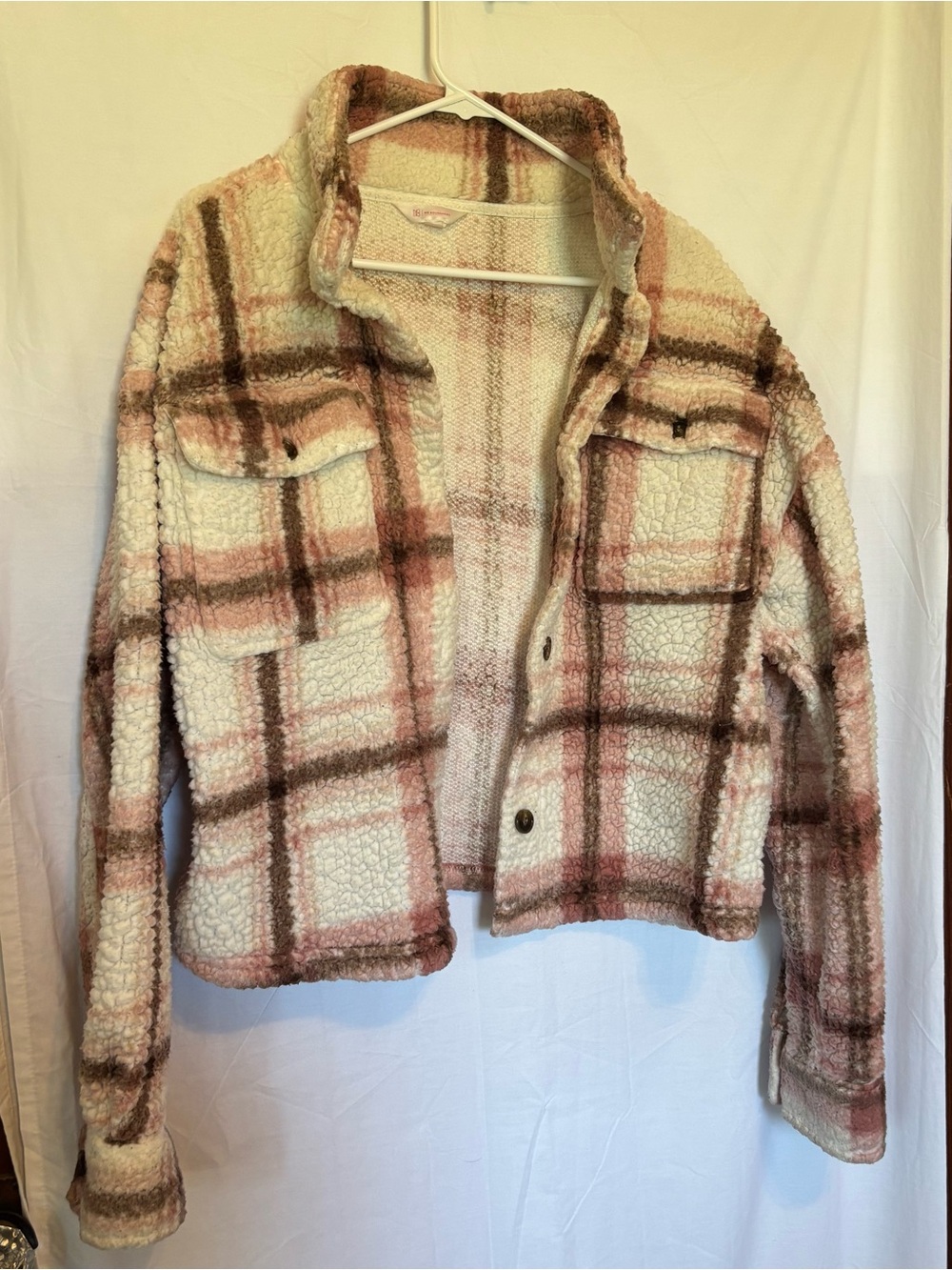 No Boundaries Cream Sherpa Plaid Jacket with Dusty Pink & Brown